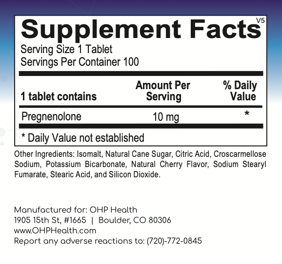 Supplement facts label for Pregnenolone | 10mg Scored tablets, supporting hormonal balance and cognitive function, containing 100 tablets per bottle. Includes other ingredients and contact information for OHP Health in Boulder, CO.