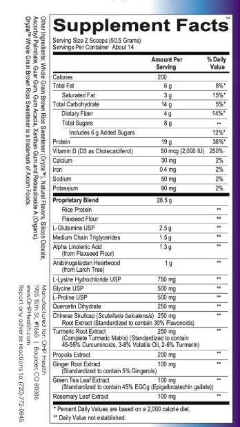 The supplement facts label for OHP Health’s Everyday Immunity shows nutritional information, ingredients, and amounts per serving to support immune function and inflammatory balance. It features details on calories, vitamins, minerals, and the proprietary blend for optimal antioxidant protection.