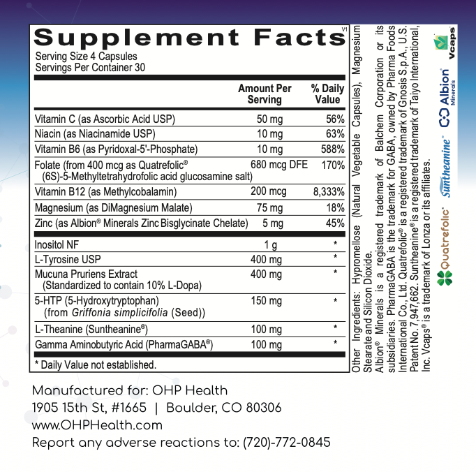 The supplement facts label for Mood Manager by OHP Health provides information on ingredients, serving size, and daily values for this dietary supplement. It contains vitamins, minerals, amino acid precursors crucial for neurotransmitter production, and other compounds tailored to deliver comprehensive mood support.