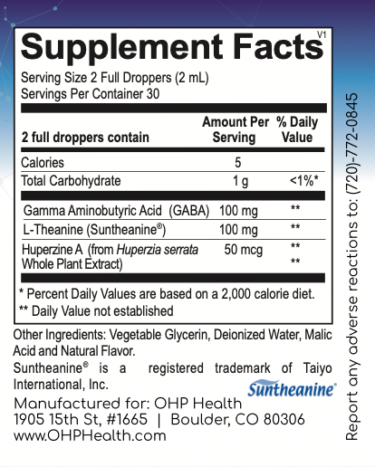 Supplement facts label for BeCalm by OHP Health, featuring its blend of L-Theanine for calmness and relaxation, along with Gamma Aminobutyric Acid and Huperzine A to support cognitive performance.