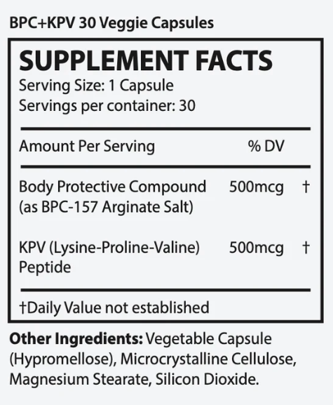 Supplement facts label for GUTTIDES™: Each serving of 30 veggie capsules from OHP Health delivers 500mcg of the BPC-157 Arginate Salt and KPV Peptide, known for promoting gut health. Additional ingredients include hypromellose and microcrystalline cellulose.