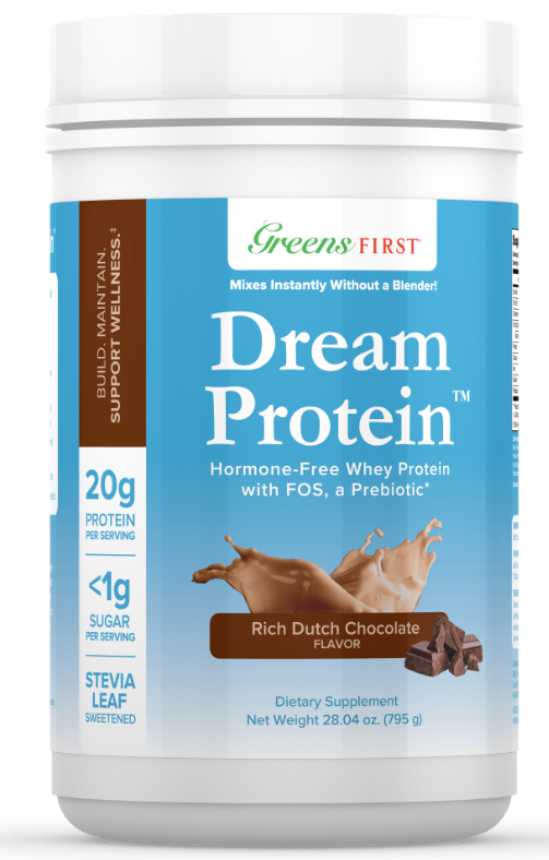 A container of GreensFirst Dream Protein by Greens First, featuring hormone-free whey protein isolate in Rich Dutch Chocolate flavor. It provides 20g of protein per serving with less than 1g sugar and is sweetened with Stevia leaf. Net weight: 24 oz (680 g).