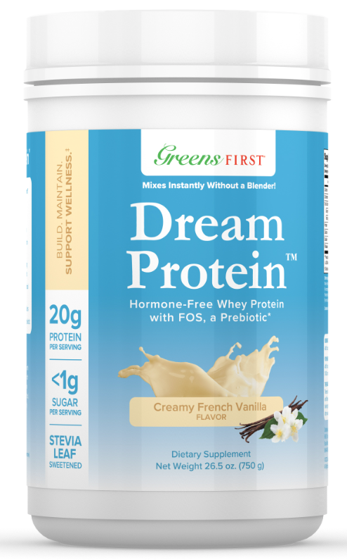 Front view of a Greens First Dream Protein container in creamy French vanilla flavor, offering 20g hormone-free whey protein per serving, less than 1g sugar, and naturally sweetened with stevia leaf. Perfect as a meal replacement option, it comes in a net weight of 24 oz (about 680 g) and provides around 30 servings.