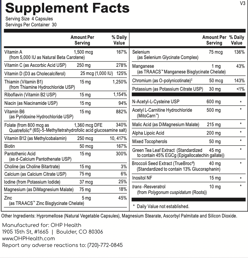 Explore the supplement facts label for OHP Health's VitalCell capsules, which provides detailed information about the vitamin and mineral content per serving. It includes amounts and daily values for vitamins A through K, essential micronutrients, minerals, amino acids, and proprietary blends designed to enhance antioxidant levels and support cellular energy production.