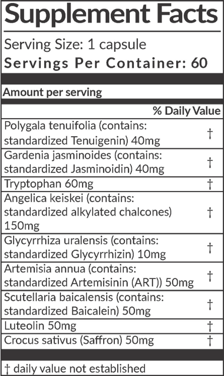 The Supplement Facts label on the Panaxea Aviilx Long 60 count includes botanical compounds like Polygala tenuifolia, Gardenia jasminoides, and tryptophan. The amounts per serving for these ingredients are specified, though daily values have not been determined.