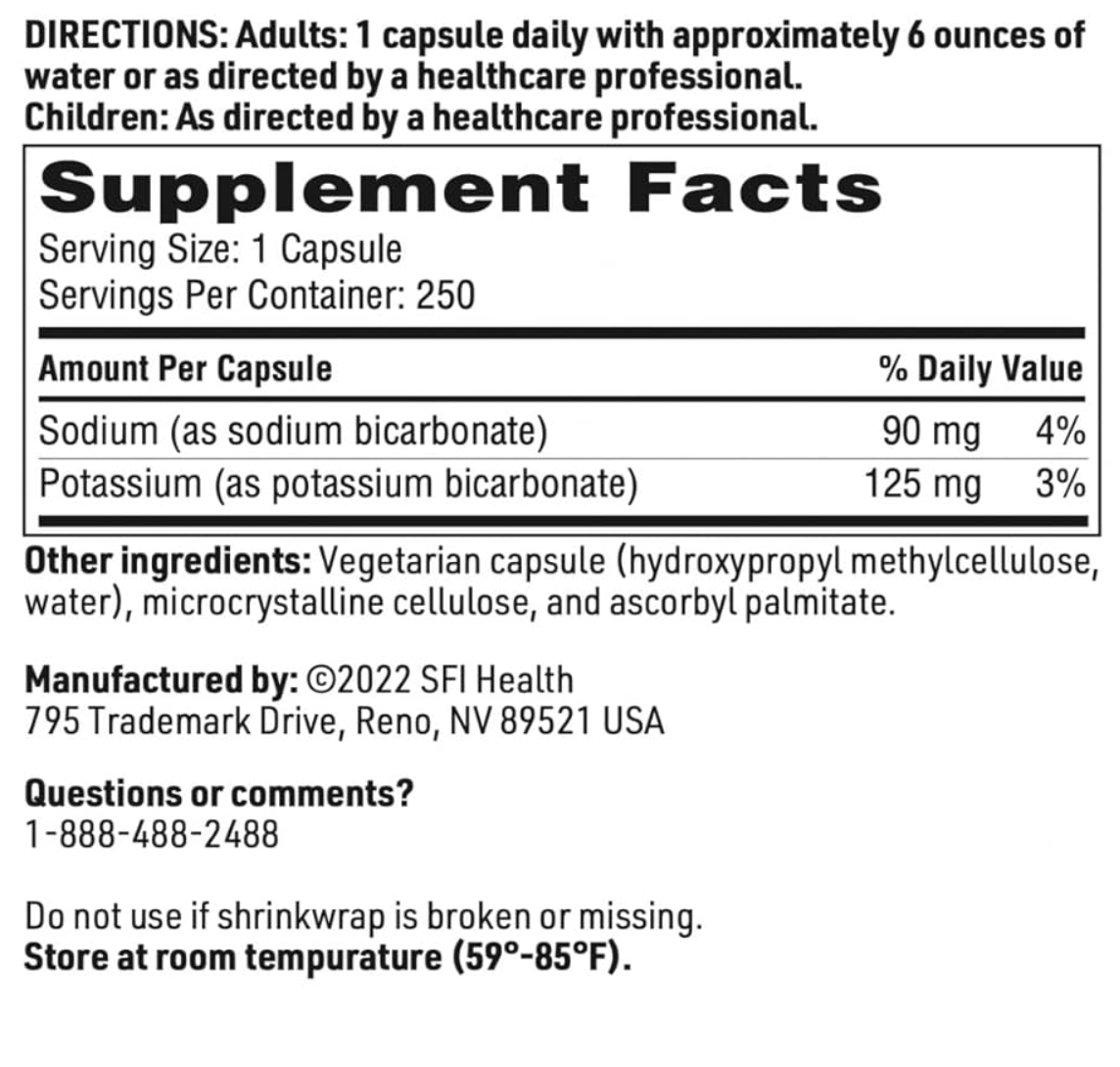 The label for Klaire Labs' Bicarb Formula, containing 250 capsules, provides supplement facts highlighting its key function in maintaining acid/base balance due to its sodium and potassium bicarbonate content. It also includes dietary information, contact details, usage directions, and storage instructions.