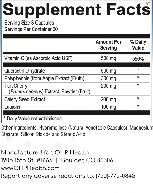 Supplement Facts label listing ingredients and serving sizes for Uric Acid Balance, a dietary supplement by OHP Health formulated to support healthy liver enzymes and purine metabolism. Manufacturer based in Boulder, CO. For any adverse reactions, please contact the provided number.