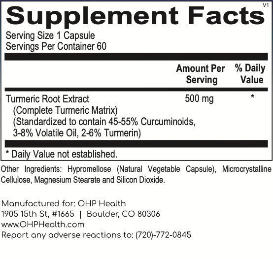 The image shows the supplement facts label for OHP Health's Complete Turmeric capsules, which are designed to support immune function and help maintain inflammatory balance. Each serving provides 500 mg of turmeric and includes additional ingredients such as hypromellose and silicon dioxide.