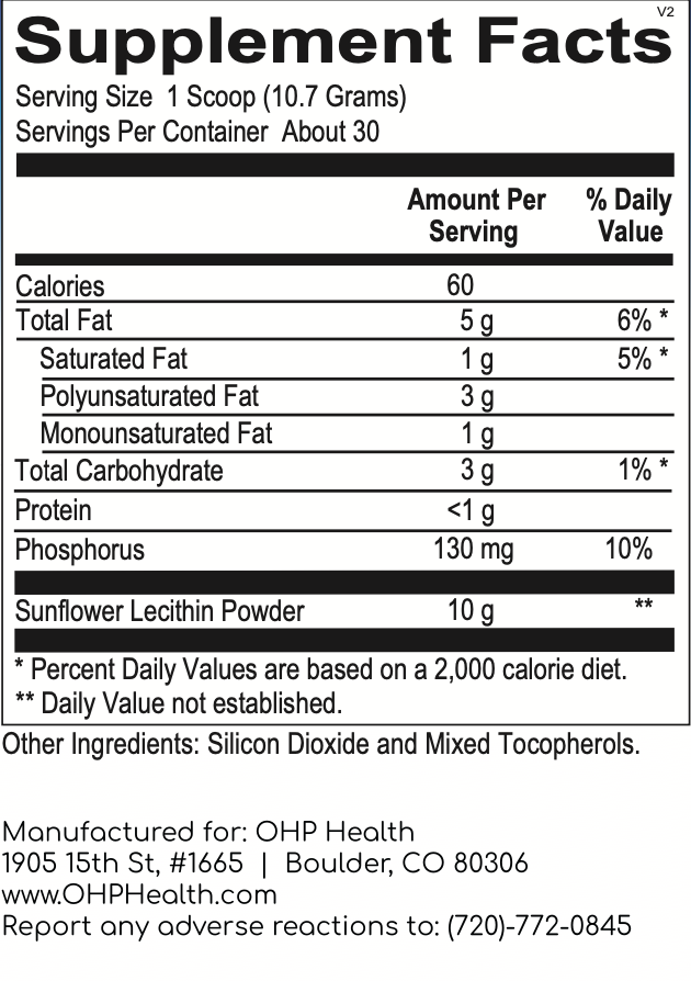 Label displaying nutritional information for a 10.7g scoop of OHP Health's Phospholipid Plus (30 Servings): 60 calories, 5g total fat, 3g total carbs, <1g protein. Includes phosphorus and sunflower lecithin powder, which is rich in phosphatides to support mitochondrial function and enhance immune health.