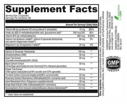 The Supplement Facts label for XYMOGEN®'s Femquil® 120 Capsules provides information on vitamin and ingredient amounts per 2-capsule serving. It emphasizes hormone balance with specific details on vitamins B6, B12, magnesium, DIM for estrogen detoxification, and green tea extract renowned for its antioxidant properties. Additionally, it includes the percentages of daily values for these ingredients.