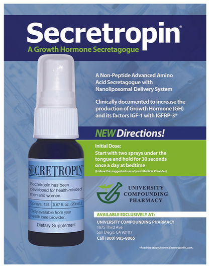 Image of a SecretropinRX spray bottle, an amino acid-based supplement (20mL), featuring product details and usage directions. Includes contact information for University Compounding Pharmacy in San Diego, your source for unique wellness support.