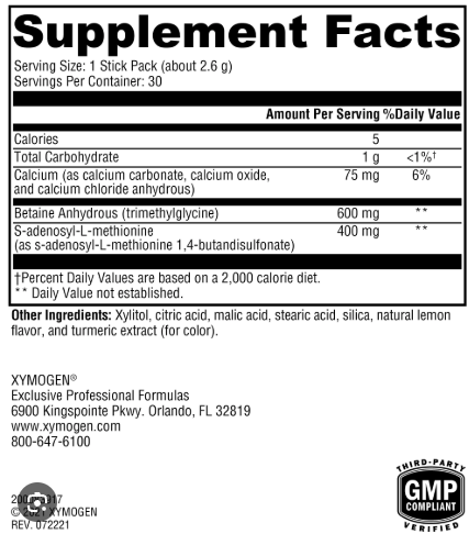 An image showing the supplement facts label for XYMOGEN®'s SAM-e & TMG Lemon 30 Servings dietary product, featuring nutritional information, ingredients such as TMG for enhanced methylation, along with manufacturing details and a GMP compliance mark.