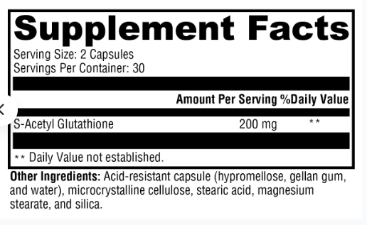 The Supplement Facts label for XYMOGEN® S-Acetyl Glutathione, 120 count, highlights 200 mg of S-Acetyl Glutathione per serving, formulated for digestive tract stability. It also contains hypromellose, gellan gum, microcrystalline cellulose, and silica as other ingredients.