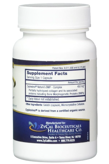 A bottle of Ostinol Advanced 450, a ZyCal Bioceuticals supplement, proudly displaying its label, ingredients, and company information, is designed to support new bone tissue development and alleviate joint discomfort.