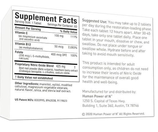 Explore the supplement facts label for Neo40 Professional, a quick-dissolve tablet from HumanN, which includes ingredients like Vitamin C, Vitamin B12, and a Proprietary Nitric Oxide Blend. Experience enhanced Nitric Oxide support with this product. The package also contains usage instructions and manufacturer details within its 60-tablet box.