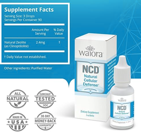 Image of a product display showcasing Waiora's NCD Zeolites dietary supplement, offering 2.4mg per serving and featuring Activated Zeolites for enhanced wellness support. The display highlights the supplement facts, certifications, and a 30-day money-back guarantee prominently.