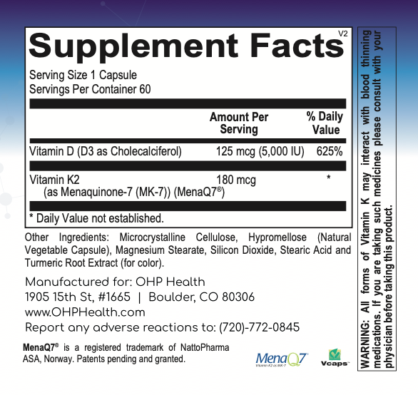 Product Description: The K2+D3 Vitamin from OHP Health is a 60-count supplement designed to support bone health and cardiovascular wellness. This supplement offers essential nutritional information, lists its ingredients, and provides manufacturer details. It includes a usage warning for your safety and contact information for any inquiries you may have.