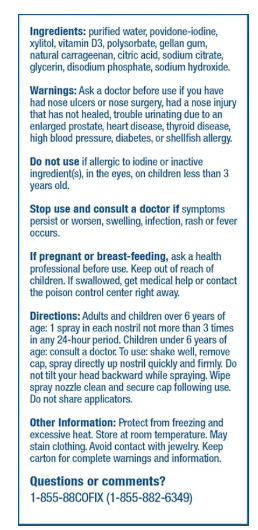 Image of a CofixRX™ Povidone–Iodine Antipathogen Nasal Spray label listing ingredients, including Povidone-Iodine, along with warnings, directions for proper use, and contact information for consumer inquiries.