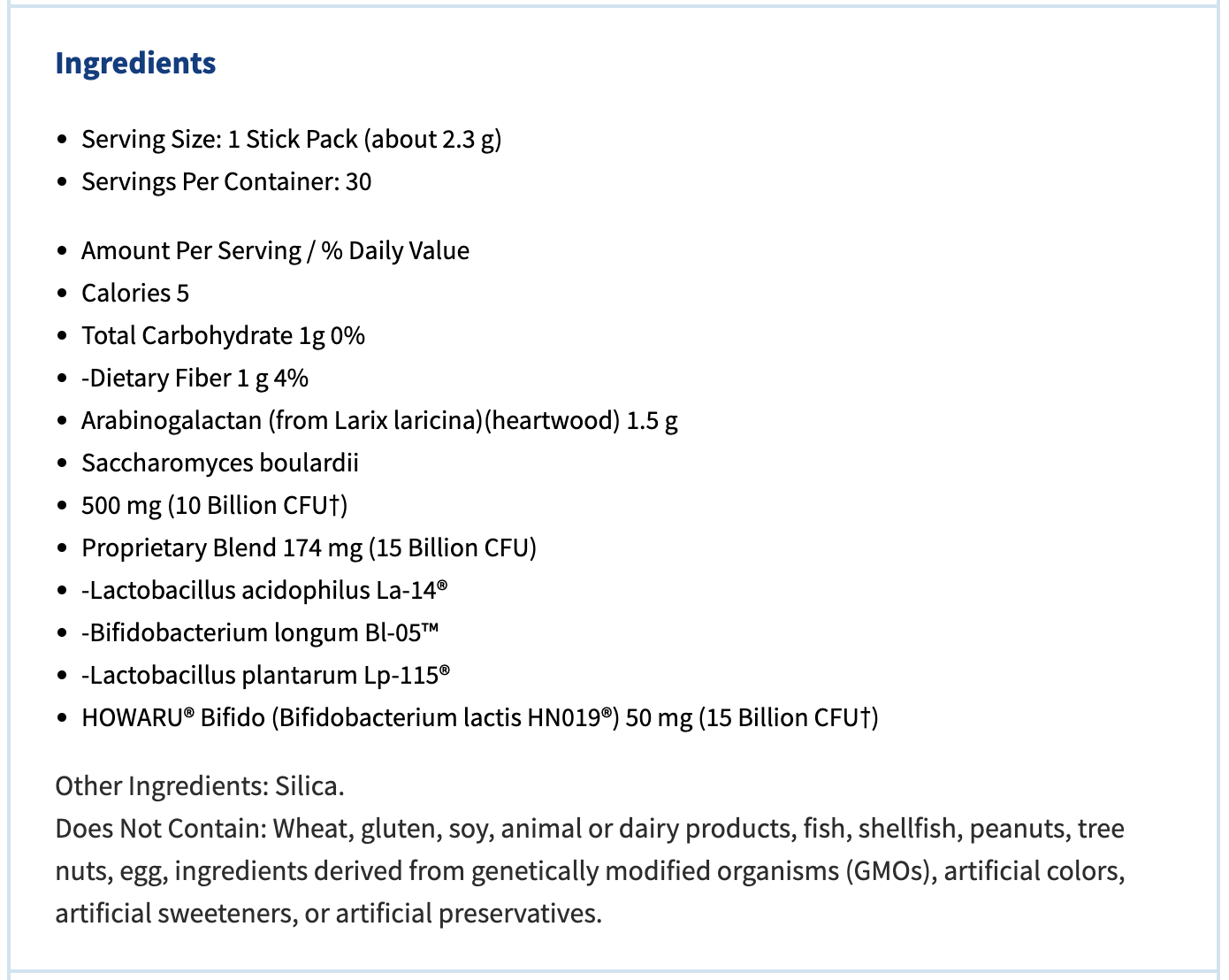 The ingredients list for ProbioMax® Plus DF 30 Servings from XYMOGEN® emphasizes the serving size, nutritional values, and a wide range of probiotic strains, including the beneficial Saccharomyces boulardii.