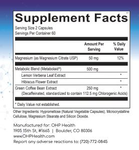 The Supplement Facts label for Ortho Molecular Products' Polyphenol CraveBlast (120 capsules) details magnesium and a metabolic blend with lemon verbena, hibiscus flower extract, and green coffee bean extract. Contact info included.