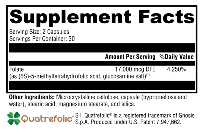 The 5-MTHF ES | 10mg by OHP Health contains capsules with a serving size of 2. Each serving provides 17,000 mcg DFE of folate at 4,250% Daily Value for optimal methylation support. Ingredients include microcrystalline cellulose, capsule, stearic acid, magnesium stearate, and silica.