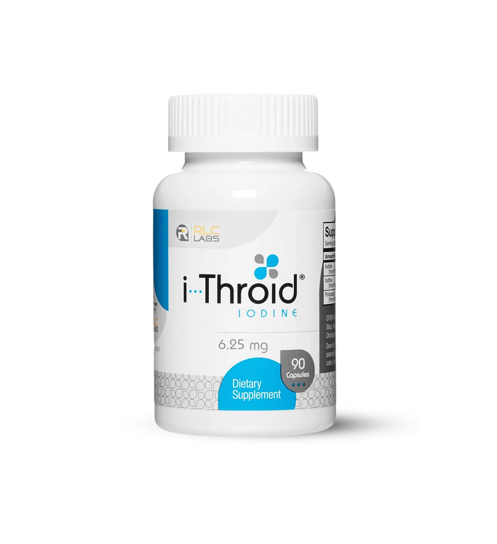 The i-Throid Iodine by RLC Labs comes in a 90-count bottle, with each capsule offering a 6.25 mg dosage. Against a plain white backdrop, it highlights its advanced role in thyroid treatment.