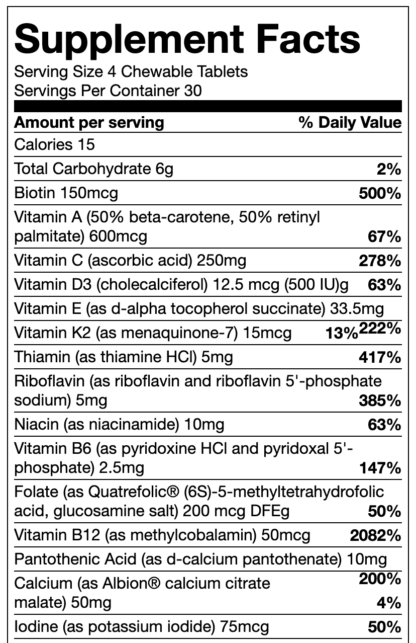 OHP Health Chewable Multivitamin | 120 count features a Supplement Facts label with nutrients, bioavailable vitamins, minerals, serving size, amounts per serving, and % Daily Value—making it an ideal choice among children's vitamins.