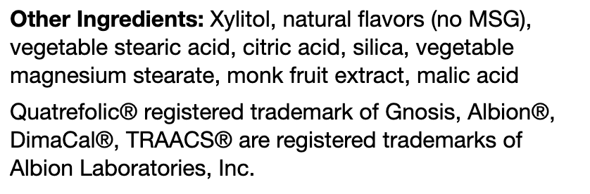 OHP Health Chewable Multivitamin (120 count) contains xylitol, natural flavors, vegetable stearic acid, citric acid, silica, monk fruit extract, malic acid, and registered trademarked ingredients.
