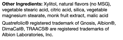 OHP Health Chewable Multivitamin (120 count) contains xylitol, natural flavors, vegetable stearic acid, citric acid, silica, monk fruit extract, malic acid, and registered trademarked ingredients.