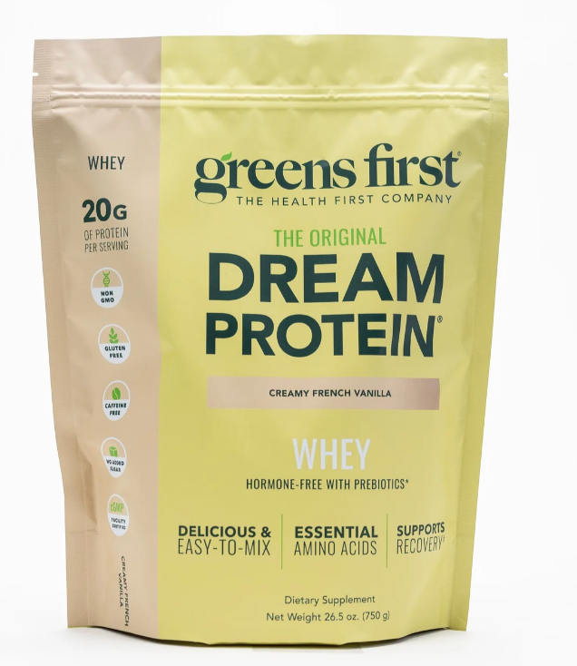 Greens First Dream Protein (24oz, 30 servings) in Creamy French Vanilla offers 20g non-GMO, gluten-free, hormone-free whey protein isolate per serving—ideal as a nutritious meal replacement.