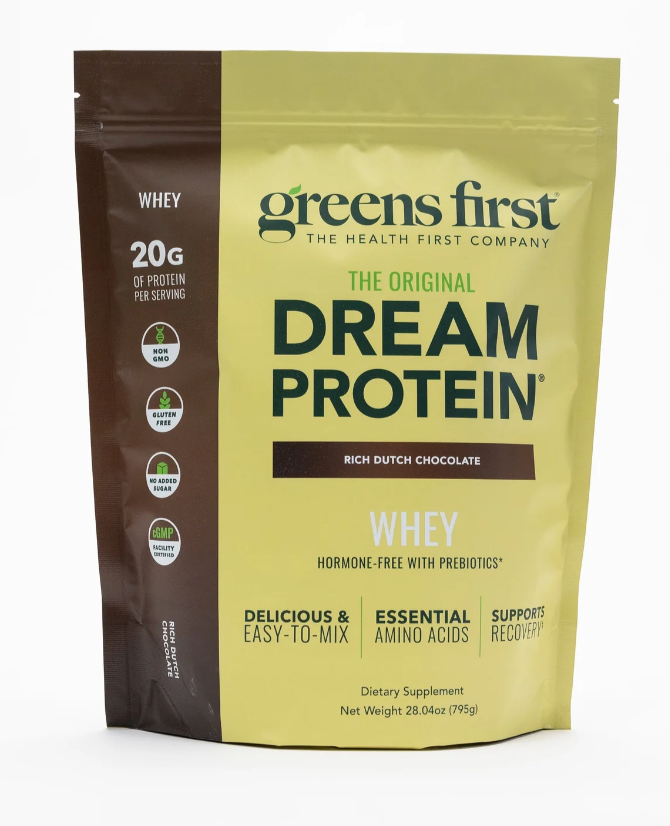 Greens First Dream Protein (24oz, 30 servings) by Greens First offers rich Dutch Chocolate whey protein with hormone-free protein, 20g whey isolate per serving, and added prebiotics—ideal as a tasty meal replacement.