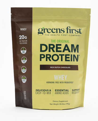 Greens First Dream Protein (24oz, 30 servings) by Greens First offers rich Dutch Chocolate whey protein with hormone-free protein, 20g whey isolate per serving, and added prebiotics—ideal as a tasty meal replacement.