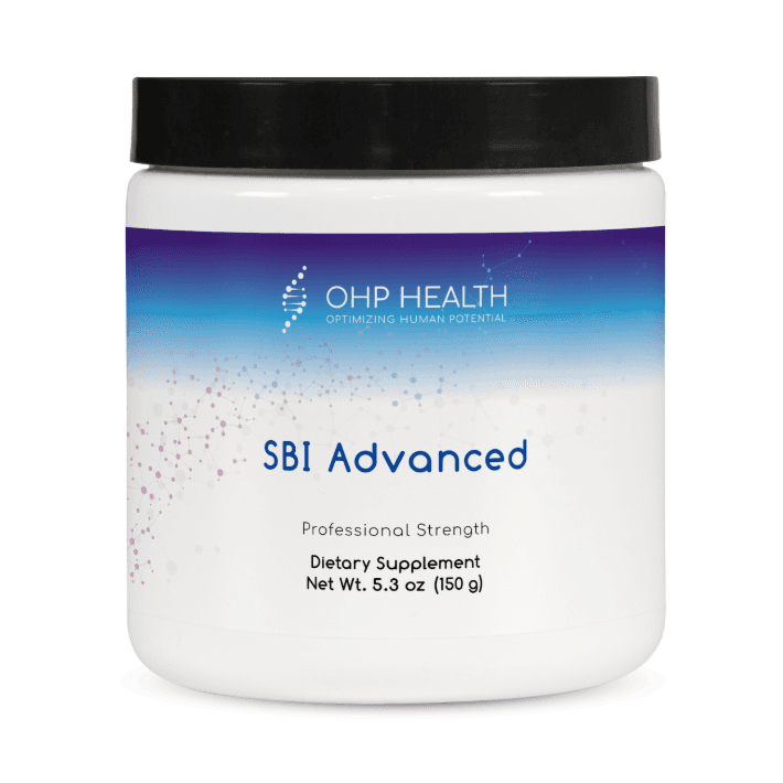 A 5.3 oz (150 g) white plastic container of OHP Health’s SBI Advanced dietary supplement with immunoglobulins for immune health, featuring a black lid and blue gradient design.