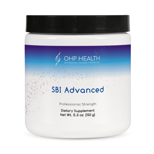 A 5.3 oz (150 g) white plastic container of OHP Health’s SBI Advanced dietary supplement with immunoglobulins for immune health, featuring a black lid and blue gradient design.