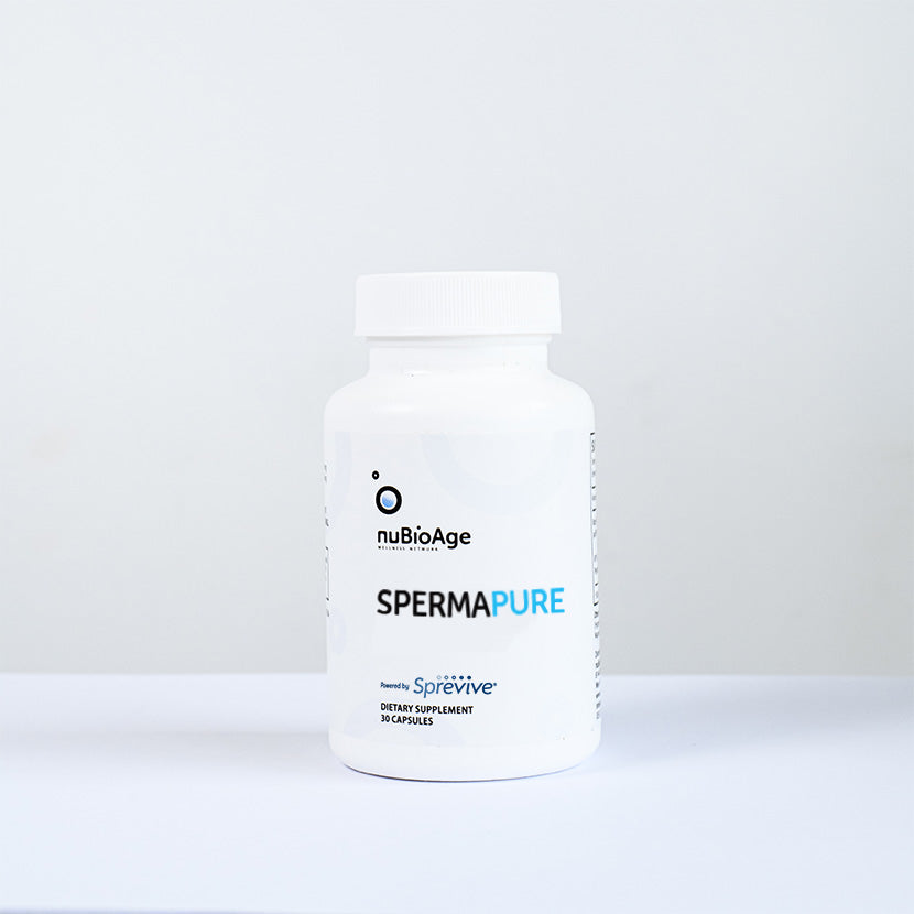 A white bottle of nuBioAge SpermaPure, containing 30 capsules, is displayed on a plain surface against a light background.