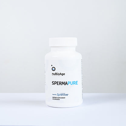A white bottle of nuBioAge SpermaPure, containing 30 capsules, is displayed on a plain surface against a light background.