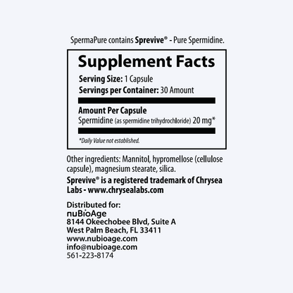 SpermaPure by nuBioAge: Supplement Facts label shows 20 mg spermidine per capsule from fermented wheat germ. Each bottle contains 30 capsules. Distributor contact info for nuBioAge, your longevity supplement source, is provided.