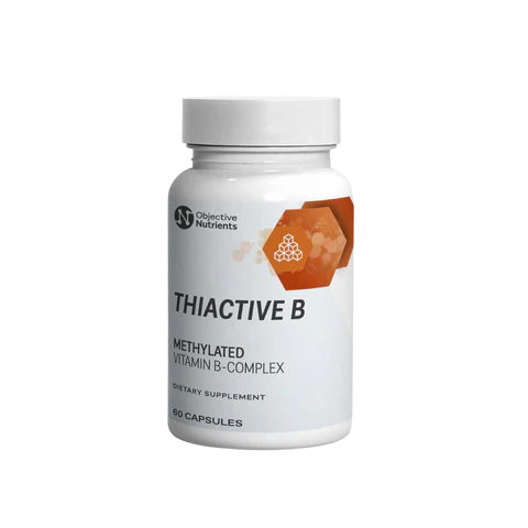 A white bottle labeled "ThiActive B" by OHP Health, containing 60 capsules with benfotiamine and methylated folate for an active B-complex formula.