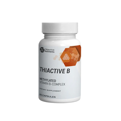 A white bottle labeled "ThiActive B" by OHP Health, containing 60 capsules with benfotiamine and methylated folate for an active B-complex formula.