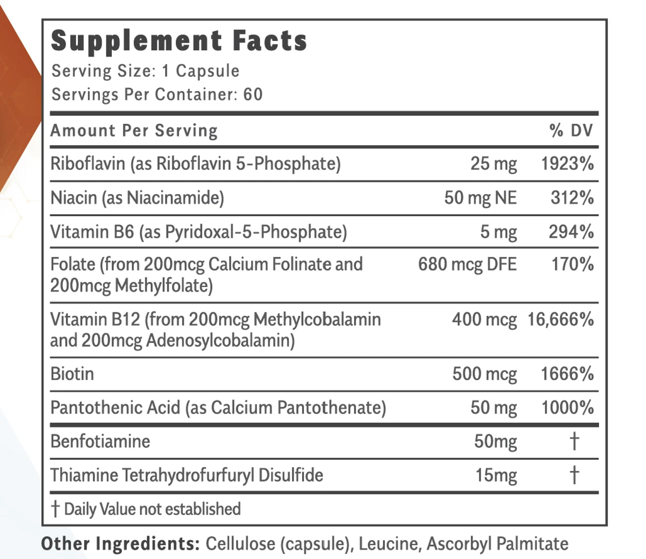 The ThiActive B supplement facts label by OHP Health shows daily values per capsule for B1, B2, B3, B6, methylated folate, B12, biotin, pantothenic acid, benfotiamine, and thiamine tetrahydrofuryl disulfide.
