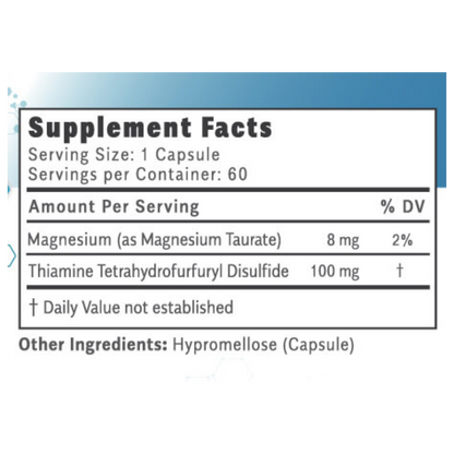 Thiamax by OHP Health provides 8 mg magnesium (as magnesium taurate) and 100 mg thiamine tetrahydrofurfuryl disulfide per capsule to support thiamine status; each bottle contains 60 capsules, with a serving size of 1 capsule.