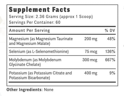 ThiAssist by OHP Health supplement facts label lists serving size, servings per container, and daily values per serving for magnesium, selenium, molybdenum, and potassium. No other ingredients are listed.