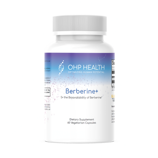 A bottle of OHP Health Berberine+ in white contains 60 dietary supplement capsules aimed at supporting blood glucose metabolism.