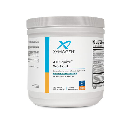A white container of XYMOGEN® ATP Ignite™ Workout Mixed Berry (30 servings), a dietary supplement with bioactive B vitamins to support exercise performance.