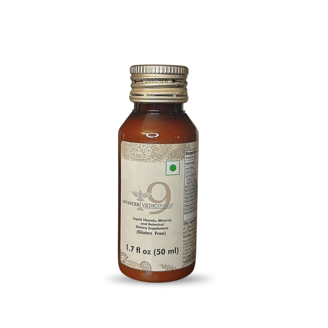 A 1.7 fl oz (50 ml) bottle of Vedicinals9 Advanced by Vedicinals, a liquid vitamin and mineral dietary supplement for antioxidant support and immune health.