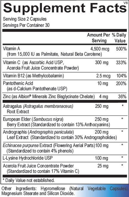 The Supplement Facts label for ViraBoost by OHP Health by Longevity Labs indicates a serving size of 2 capsules, with 30 servings per container. The ingredients include immune-enhancing nutrients such as vitamins, zinc, astragalus, elderberry, echinacea, and lyserine hydrochloride to support immune cell function.