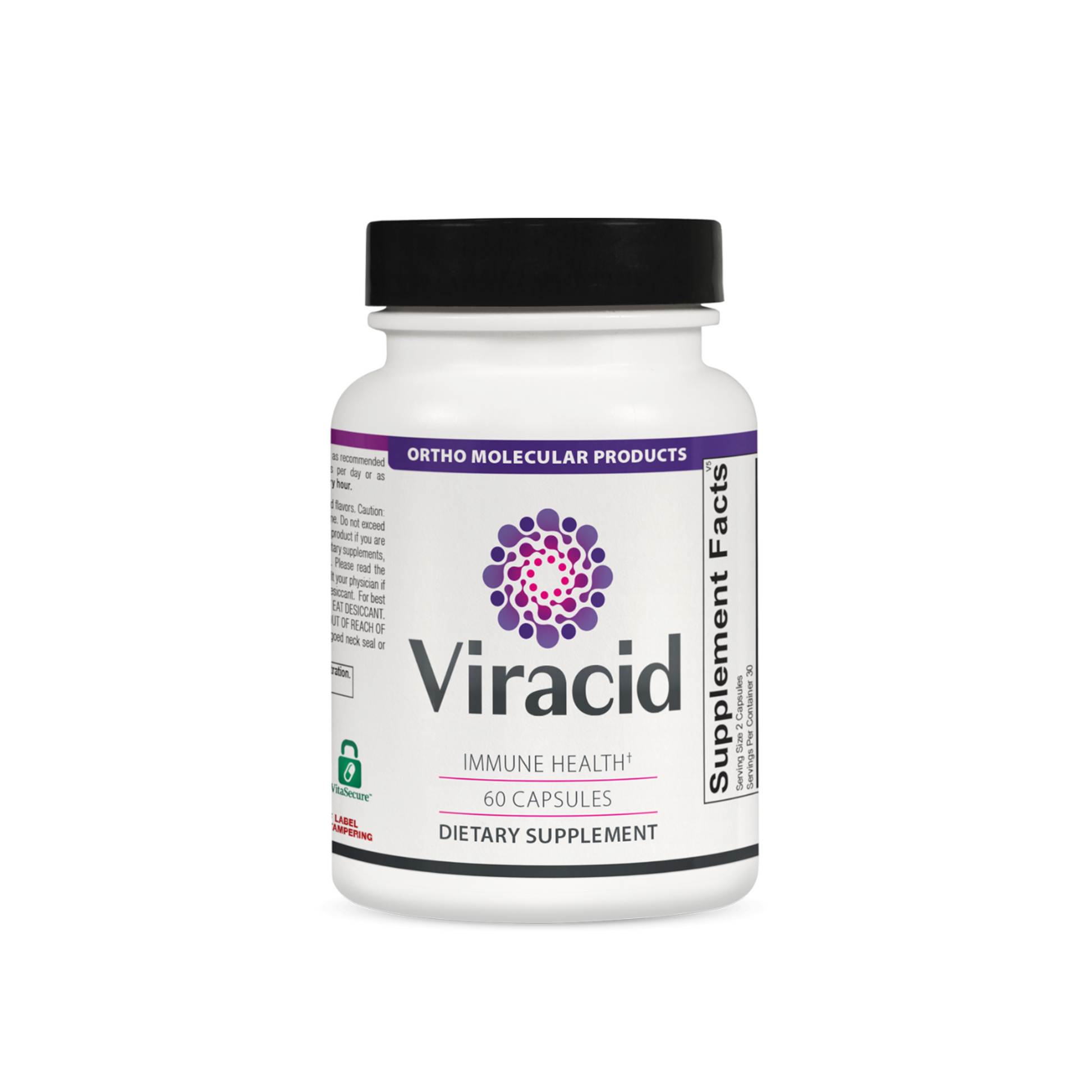 A bottle of Viracid | 60 capsules (bottle) with a purple label by Ortho Molecular Products, a longevity supplement by OHP Health.