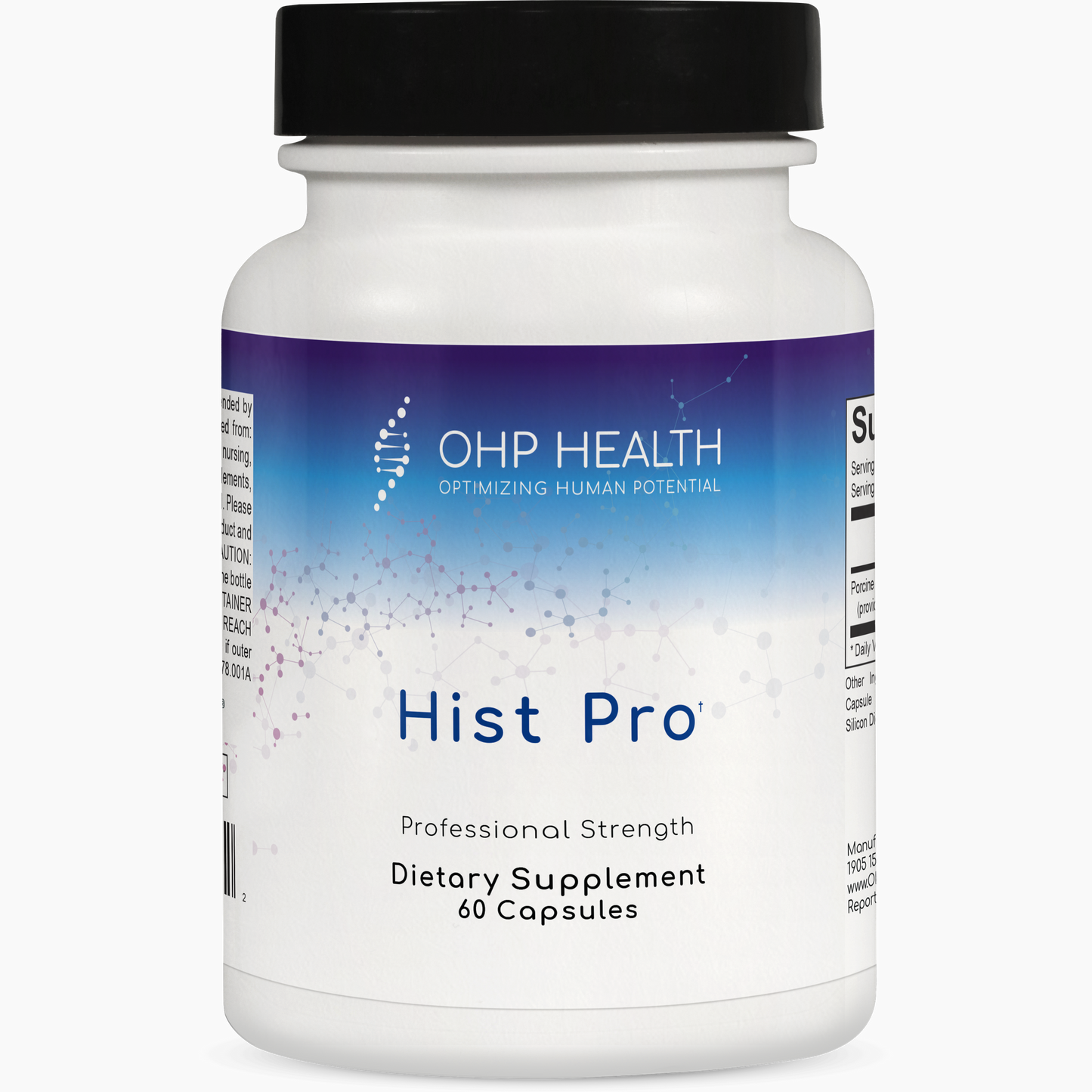 A white bottle with a black cap labeled "OHP Health Hist Pro | 60 Capsules" dietary supplement.