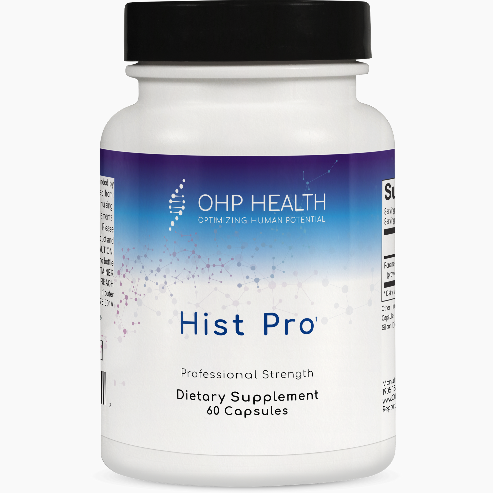 A white bottle with a black cap labeled "OHP Health Hist Pro | 60 Capsules" dietary supplement.