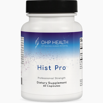 A white bottle with a black cap labeled "OHP Health Hist Pro | 60 Capsules" dietary supplement.